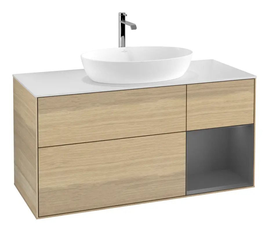 Kracherpreis Villeroy & Boch Finion Waschbeckenunterschrank für Becken mittig Regal rechts für Artis / Collaro 3 Auszüge mit Beleuchtung (1x LED) ohne Hahnloch 1200 x 603 x 501 mm - Oak Veneer / Anthracite Matt Lacquer / Glass White Matt