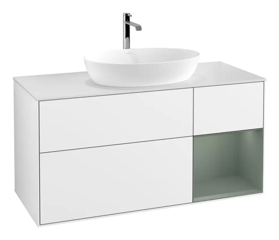 Villeroy & Boch Finion Waschbeckenunterschrank für Becken mittig Regal rechts für Artis / Collaro 3 Auszüge mit Beleuchtung (1x LED) ohne Hahnloch 1200 x 603 x 501 mm - Glossy White Lacquer / Olive Matt Lacquer / Glass White Matt Preisreduziert