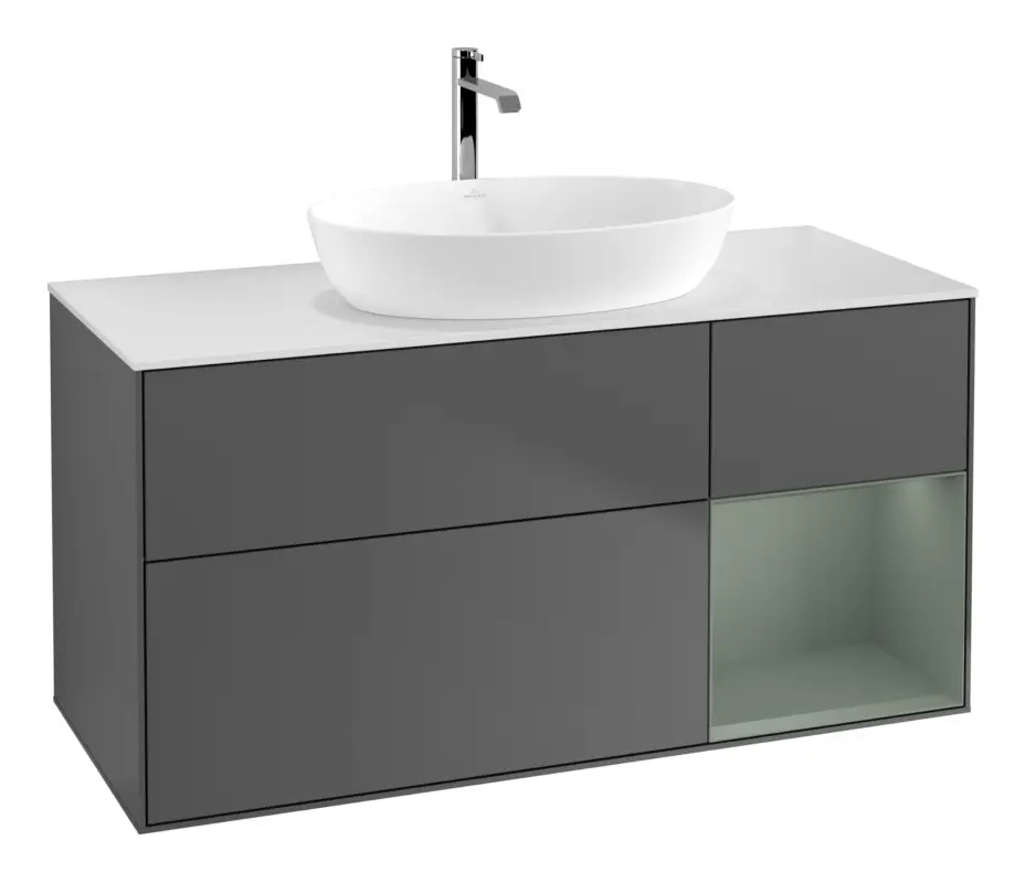 Villeroy & Boch Finion Waschbeckenunterschrank für Becken mittig Regal rechts für Artis / Collaro 3 Auszüge mit Beleuchtung (1x LED) ohne Hahnloch 1200 x 603 x 501 mm - Anthracite Matt Lacquer / Olive Matt Lacquer / Glass White Matt Billig