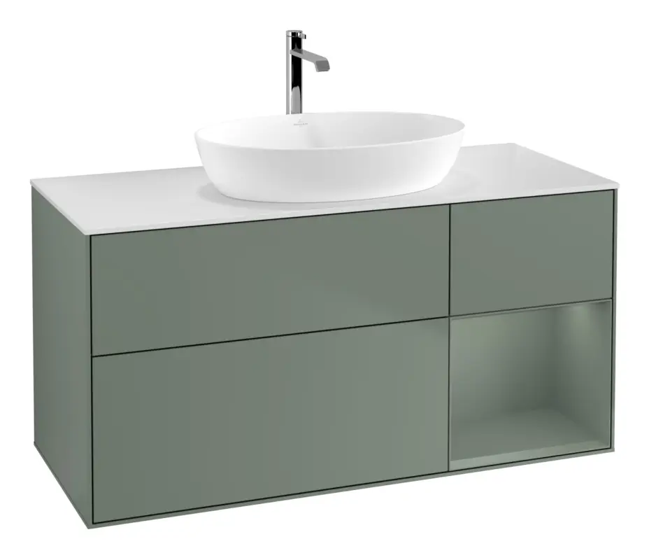 Solange Der Vorrat Reicht Villeroy & Boch Finion Waschbeckenunterschrank für Becken mittig Regal rechts für Artis / Collaro 3 Auszüge mit Beleuchtung (1x LED) ohne Hahnloch 1200 x 603 x 501 mm - Olive Matt Lacquer / Glass White Matt