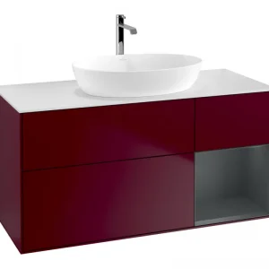 Abverkauf Villeroy & Boch Finion Waschbeckenunterschrank für Becken mittig Regal rechts für Artis / Collaro 3 Auszüge mit Beleuchtung (1x LED) ohne Hahnloch 1200 x 603 x 501 mm - Peony Matt Lacquer / Midnight Blue Matt Lacquer / Glass White Matt
