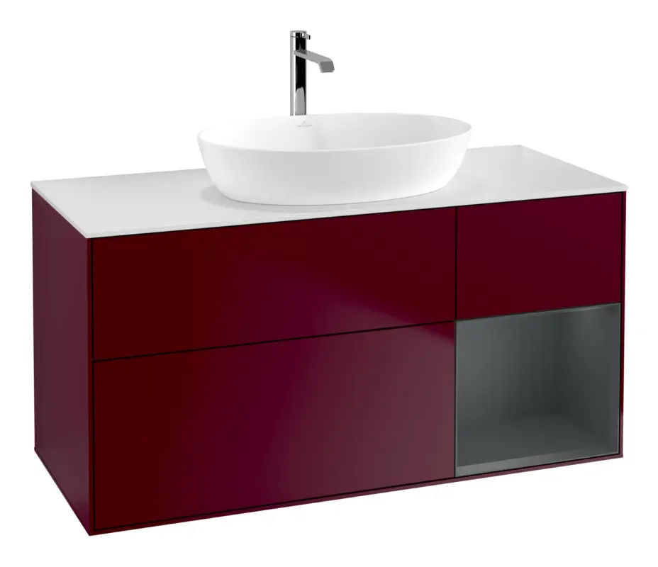 Abverkauf Villeroy & Boch Finion Waschbeckenunterschrank für Becken mittig Regal rechts für Artis / Collaro 3 Auszüge mit Beleuchtung (1x LED) ohne Hahnloch 1200 x 603 x 501 mm - Peony Matt Lacquer / Midnight Blue Matt Lacquer / Glass White Matt