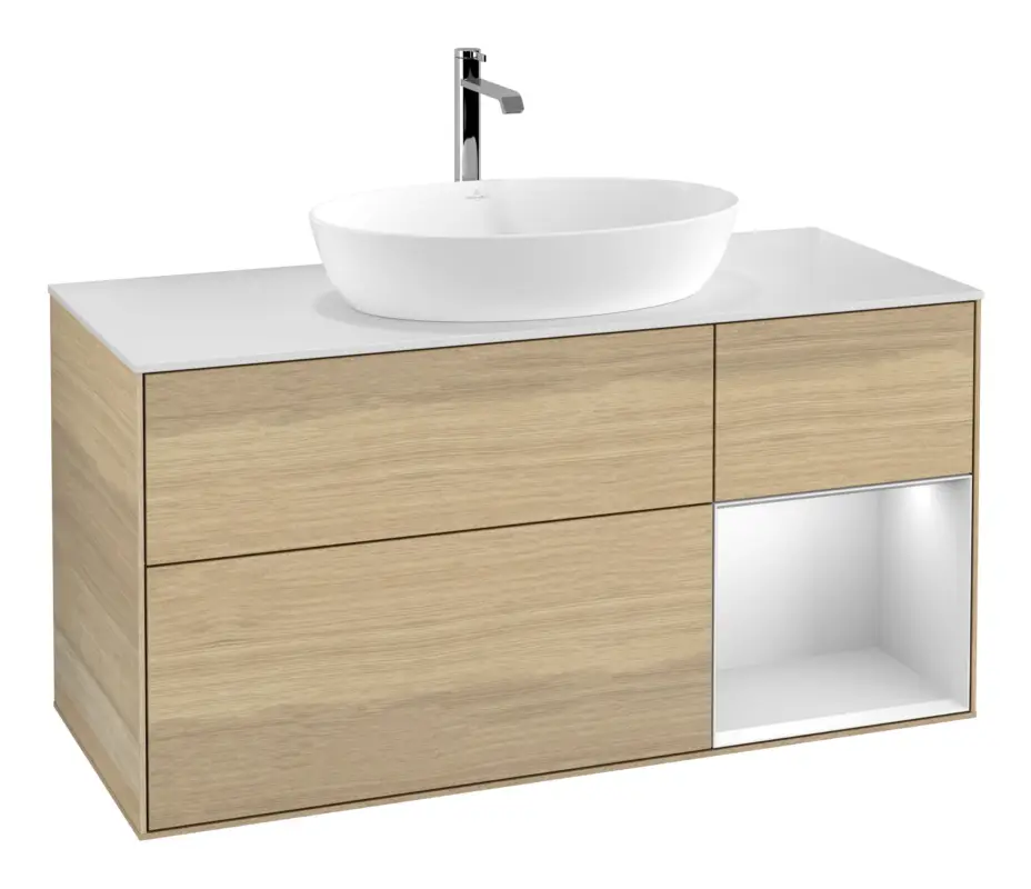 Bestseller Villeroy & Boch Finion Waschbeckenunterschrank für Becken mittig Regal rechts für Artis / Collaro 3 Auszüge mit Beleuchtung (1x LED) ohne Hahnloch 1200 x 603 x 501 mm - Oak Veneer / White Matt Lacquer / Glass White Matt
