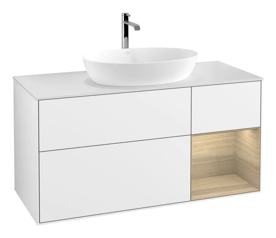 Villeroy & Boch Finion Waschbeckenunterschrank für Becken mittig Regal rechts für Artis / Collaro 3 Auszüge mit Beleuchtung (1x LED) ohne Hahnloch 1200 x 603 x 501 mm - Glossy White Lacquer / Oak Veneer / Glass White Matt Online Kaufen