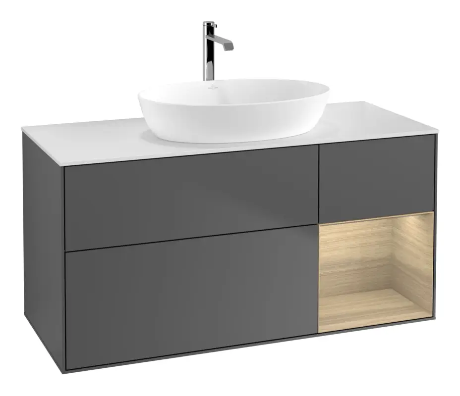 Villeroy & Boch Finion Waschbeckenunterschrank für Becken mittig Regal rechts für Artis / Collaro 3 Auszüge mit Beleuchtung (1x LED) ohne Hahnloch 1200 x 603 x 501 mm - Anthracite Matt Lacquer / Oak Veneer / Glass White Matt Knallerangebot