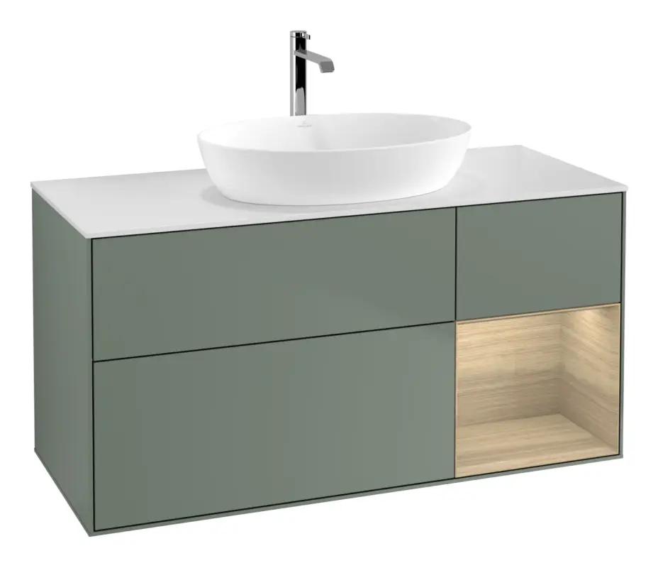 Villeroy & Boch Finion Waschbeckenunterschrank für Becken mittig Regal rechts für Artis / Collaro 3 Auszüge mit Beleuchtung (1x LED) ohne Hahnloch 1200 x 603 x 501 mm - Olive Matt Lacquer / Oak Veneer / Glass White Matt Sonderangebot