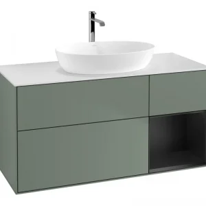 Aktuell Villeroy & Boch Finion Waschbeckenunterschrank für Becken mittig Regal rechts für Artis / Collaro 3 Auszüge mit Beleuchtung (1x LED) ohne Hahnloch 1200 x 603 x 501 mm - Olive Matt Lacquer / Black Matt Lacquer / Glass White Matt