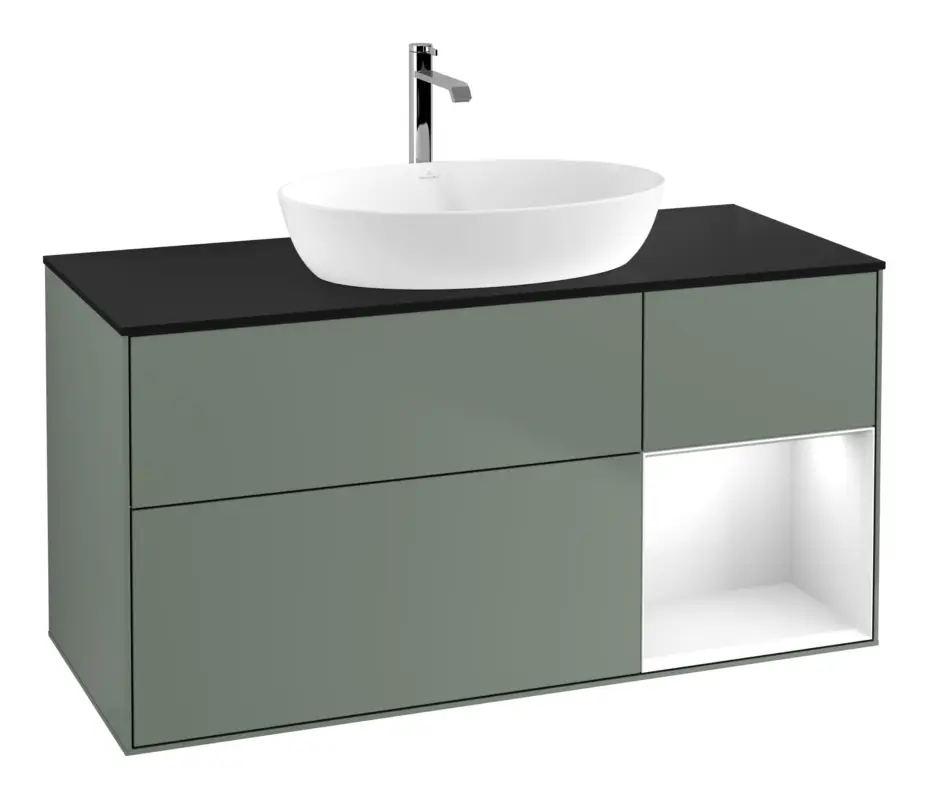 Villeroy & Boch Finion Waschbeckenunterschrank für Becken mittig Regal rechts für Artis / Collaro 3 Auszüge mit Beleuchtung (1x LED) ohne Hahnloch 1200 x 603 x 501 mm - Olive Matt Lacquer / Glossy White Lacquer / Glass Black Matt Jetzt Kaufen
