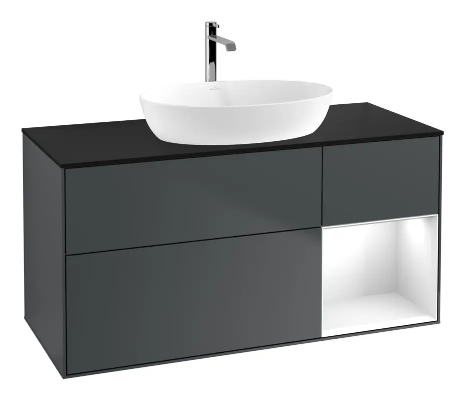 Rabatt Villeroy & Boch Finion Waschbeckenunterschrank für Becken mittig Regal rechts für Artis / Collaro 3 Auszüge mit Beleuchtung (1x LED) ohne Hahnloch 1200 x 603 x 501 mm - Midnight Blue Matt Lacquer / Glossy White Lacquer / Glass Black Matt