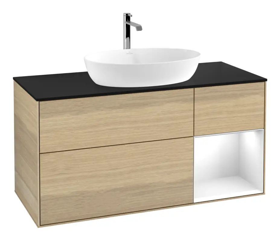 Villeroy & Boch Finion Waschbeckenunterschrank für Becken mittig Regal rechts für Artis / Collaro 3 Auszüge mit Beleuchtung (1x LED) ohne Hahnloch 1200 x 603 x 501 mm - Oak Veneer / Glossy White Lacquer / Glass Black Matt Günstig