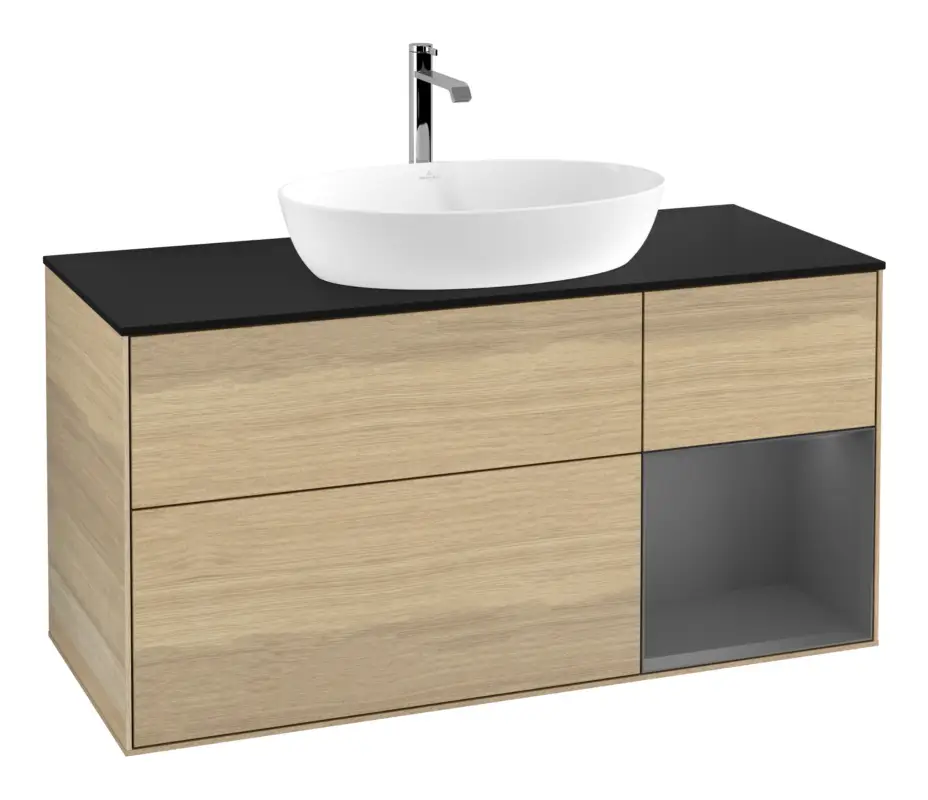 Villeroy & Boch Finion Waschbeckenunterschrank für Becken mittig Regal rechts für Artis / Collaro 3 Auszüge mit Beleuchtung (1x LED) ohne Hahnloch 1200 x 603 x 501 mm - Oak Veneer / Anthracite Matt Lacquer / Glass Black Matt Top-Preis
