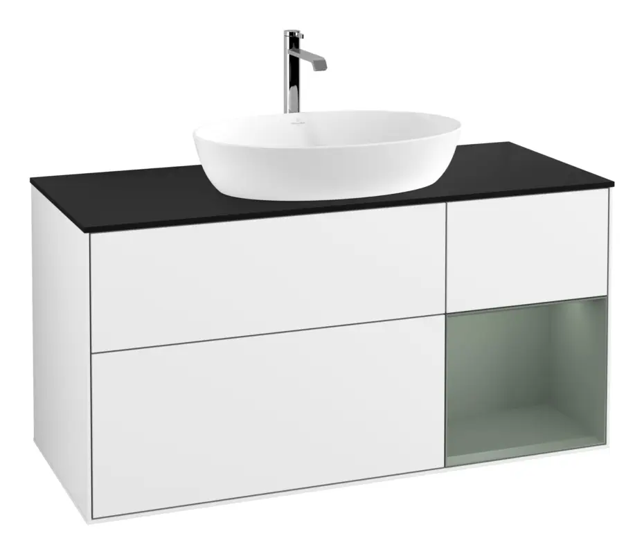 Sofort Bestellen Villeroy & Boch Finion Waschbeckenunterschrank für Becken mittig Regal rechts für Artis / Collaro 3 Auszüge mit Beleuchtung (1x LED) ohne Hahnloch 1200 x 603 x 501 mm - Glossy White Lacquer / Olive Matt Lacquer / Glass Black Matt