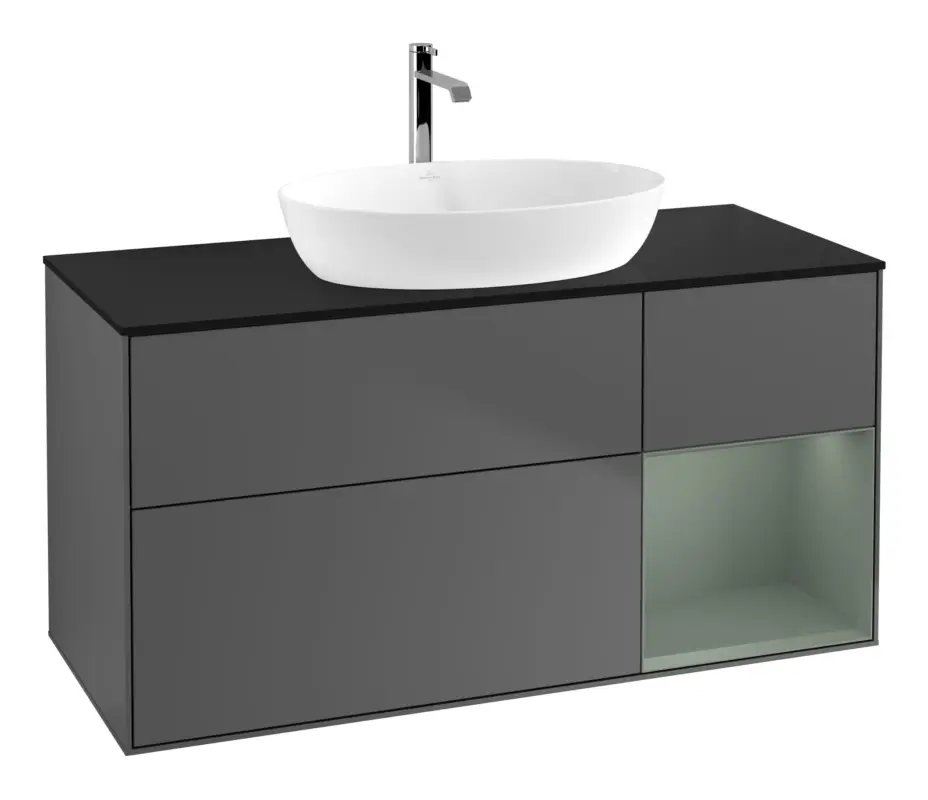 Villeroy & Boch Finion Waschbeckenunterschrank für Becken mittig Regal rechts für Artis / Collaro 3 Auszüge mit Beleuchtung (1x LED) ohne Hahnloch 1200 x 603 x 501 mm - Anthracite Matt Lacquer / Olive Matt Lacquer / Glass Black Matt Bestpreis