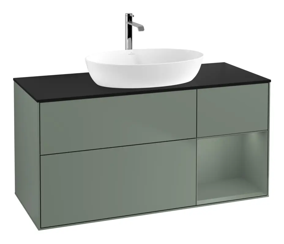 Villeroy & Boch Finion Waschbeckenunterschrank für Becken mittig Regal rechts für Artis / Collaro 3 Auszüge mit Beleuchtung (1x LED) ohne Hahnloch 1200 x 603 x 501 mm - Olive Matt Lacquer / Glass Black Matt Top-Angebot