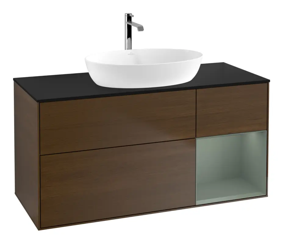 Jetzt Kaufen Villeroy & Boch Finion Waschbeckenunterschrank für Becken mittig Regal rechts für Artis / Collaro 3 Auszüge mit Beleuchtung (1x LED) ohne Hahnloch 1200 x 603 x 501 mm - Walnut Veneer / Olive Matt Lacquer / Glass Black Matt