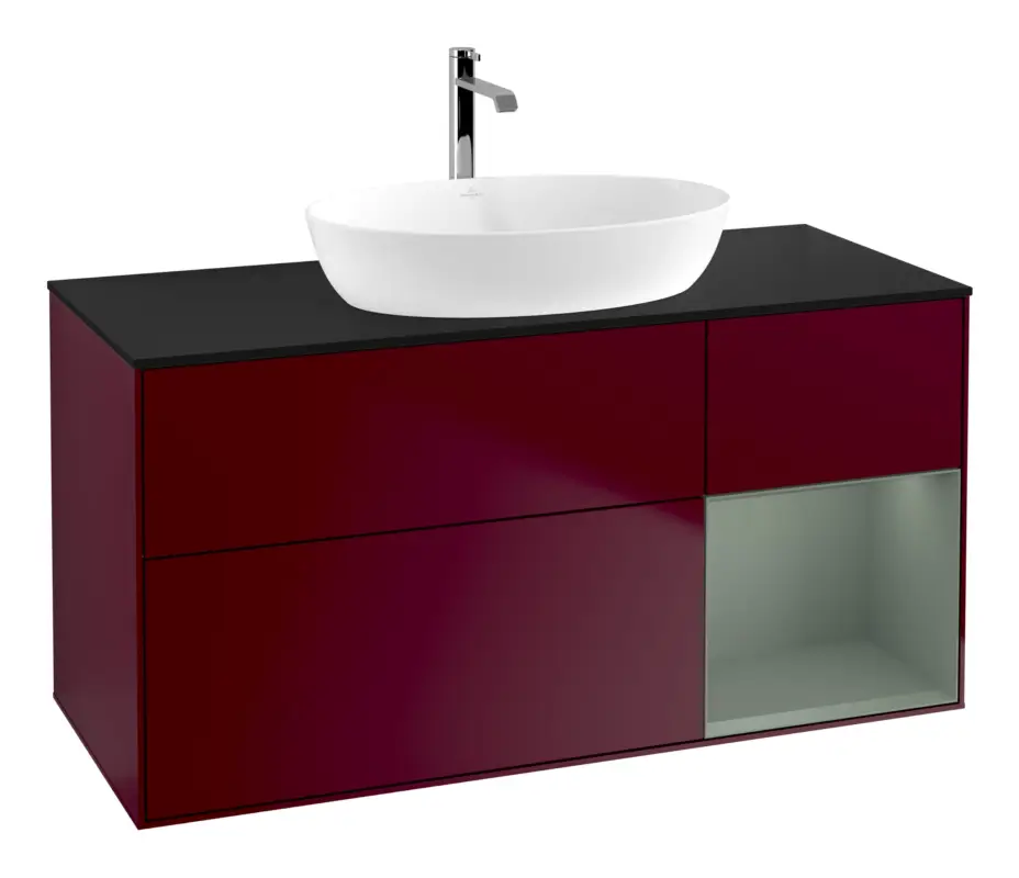 Villeroy & Boch Finion Waschbeckenunterschrank für Becken mittig Regal rechts für Artis / Collaro 3 Auszüge mit Beleuchtung (1x LED) ohne Hahnloch 1200 x 603 x 501 mm - Peony Matt Lacquer / Olive Matt Lacquer / Glass Black Matt Sonderangebot