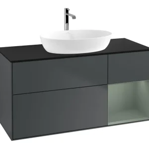 Ausverkauf Villeroy & Boch Finion Waschbeckenunterschrank für Becken mittig Regal rechts für Artis / Collaro 3 Auszüge mit Beleuchtung (1x LED) ohne Hahnloch 1200 x 603 x 501 mm - Midnight Blue Matt Lacquer / Olive Matt Lacquer / Glass Black Matt