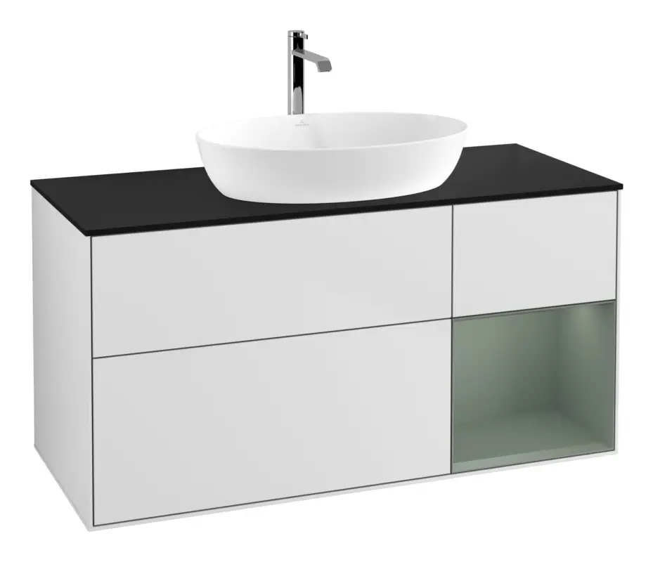 Echt Villeroy & Boch Finion Waschbeckenunterschrank für Becken mittig Regal rechts für Artis / Collaro 3 Auszüge mit Beleuchtung (1x LED) ohne Hahnloch 1200 x 603 x 501 mm - White Matt Lacquer / Olive Matt Lacquer / Glass Black Matt