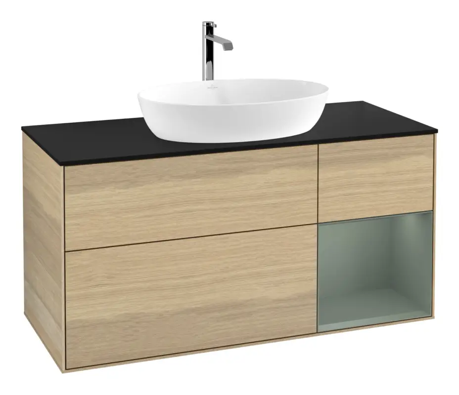 Villeroy & Boch Finion Waschbeckenunterschrank für Becken mittig Regal rechts für Artis / Collaro 3 Auszüge mit Beleuchtung (1x LED) ohne Hahnloch 1200 x 603 x 501 mm - Oak Veneer / Olive Matt Lacquer / Glass Black Matt Geprüft