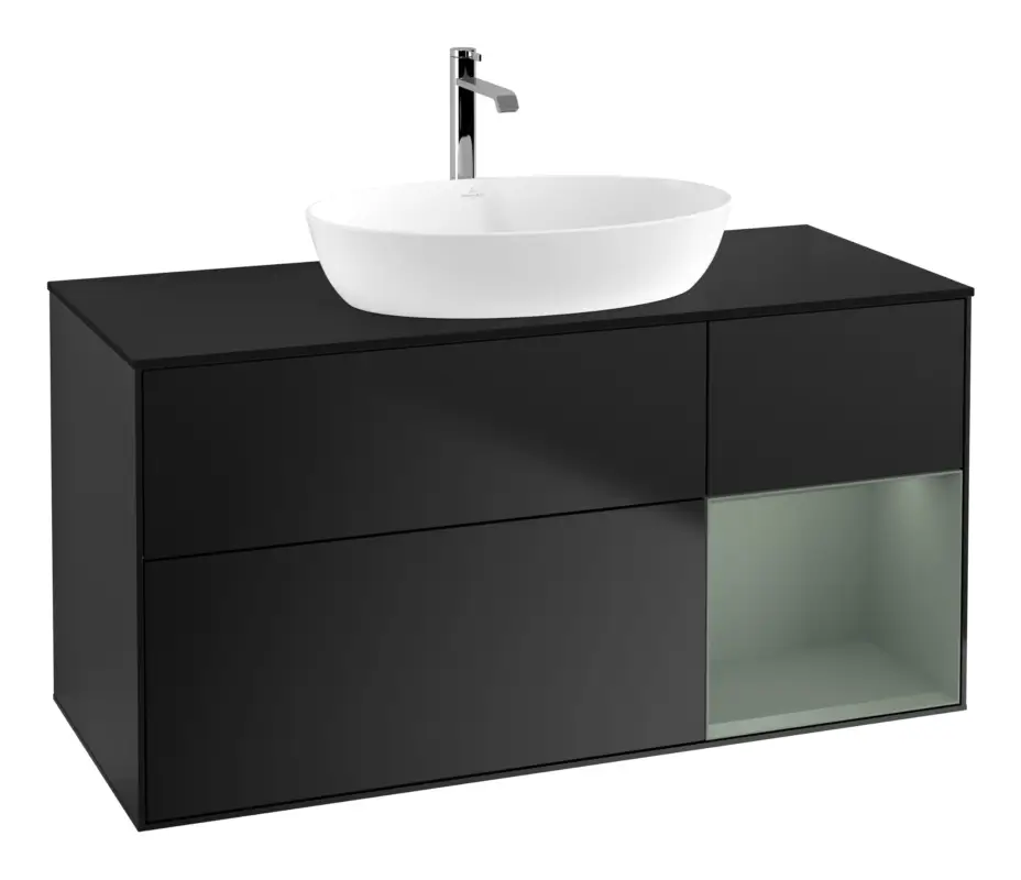 Villeroy & Boch Finion Waschbeckenunterschrank für Becken mittig Regal rechts für Artis / Collaro 3 Auszüge mit Beleuchtung (1x LED) ohne Hahnloch 1200 x 603 x 501 mm - Black Matt Lacquer / Olive Matt Lacquer / Glass Black Matt Sichere Zahlung