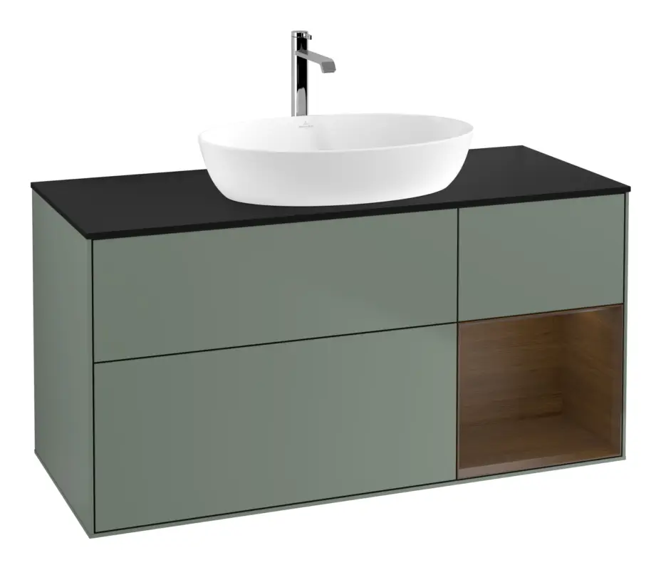 Villeroy & Boch Finion Waschbeckenunterschrank für Becken mittig Regal rechts für Artis / Collaro 3 Auszüge mit Beleuchtung (1x LED) ohne Hahnloch 1200 x 603 x 501 mm - Olive Matt Lacquer / Walnut Veneer / Glass Black Matt Direktkauf