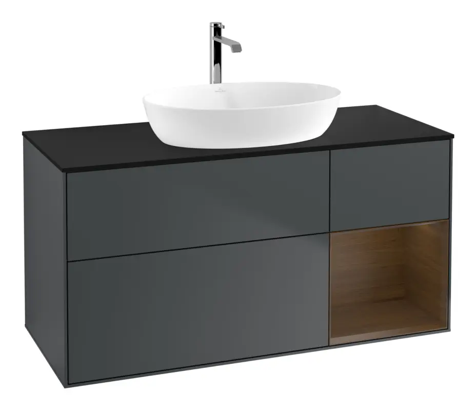 Online Kaufen Villeroy & Boch Finion Waschbeckenunterschrank für Becken mittig Regal rechts für Artis / Collaro 3 Auszüge mit Beleuchtung (1x LED) ohne Hahnloch 1200 x 603 x 501 mm - Midnight Blue Matt Lacquer / Walnut Veneer / Glass Black Matt