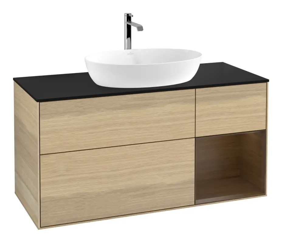 Sichere Zahlung Villeroy & Boch Finion Waschbeckenunterschrank für Becken mittig Regal rechts für Artis / Collaro 3 Auszüge mit Beleuchtung (1x LED) ohne Hahnloch 1200 x 603 x 501 mm - Oak Veneer / Walnut Veneer / Glass Black Matt