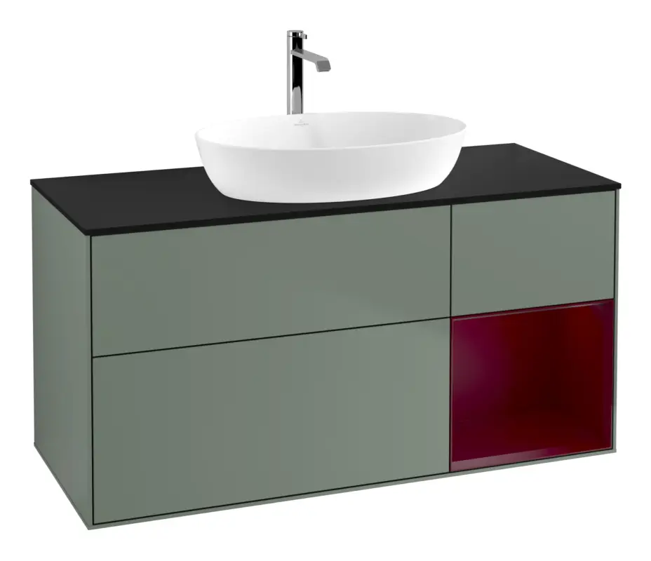 Preiswert Villeroy & Boch Finion Waschbeckenunterschrank für Becken mittig Regal rechts für Artis / Collaro 3 Auszüge mit Beleuchtung (1x LED) ohne Hahnloch 1200 x 603 x 501 mm - Olive Matt Lacquer / Peony Matt Lacquer / Glass Black Matt