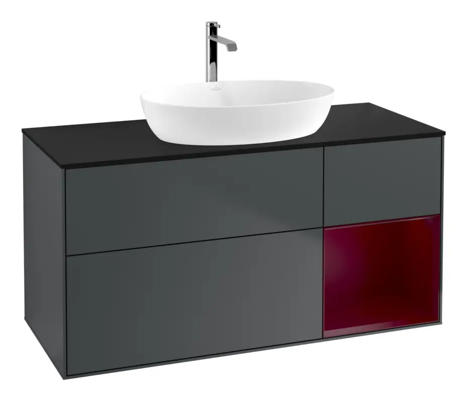 Rabatt Villeroy & Boch Finion Waschbeckenunterschrank für Becken mittig Regal rechts für Artis / Collaro 3 Auszüge mit Beleuchtung (1x LED) ohne Hahnloch 1200 x 603 x 501 mm - Midnight Blue Matt Lacquer / Peony Matt Lacquer / Glass Black Matt
