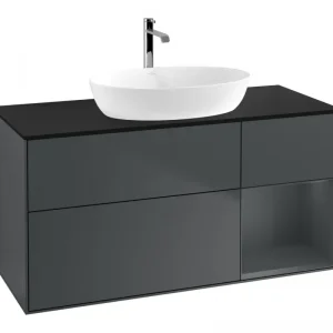 Abverkauf Villeroy & Boch Finion Waschbeckenunterschrank für Becken mittig Regal rechts für Artis / Collaro 3 Auszüge mit Beleuchtung (1x LED) ohne Hahnloch 1200 x 603 x 501 mm - Midnight Blue Matt Lacquer / Glass Black Matt