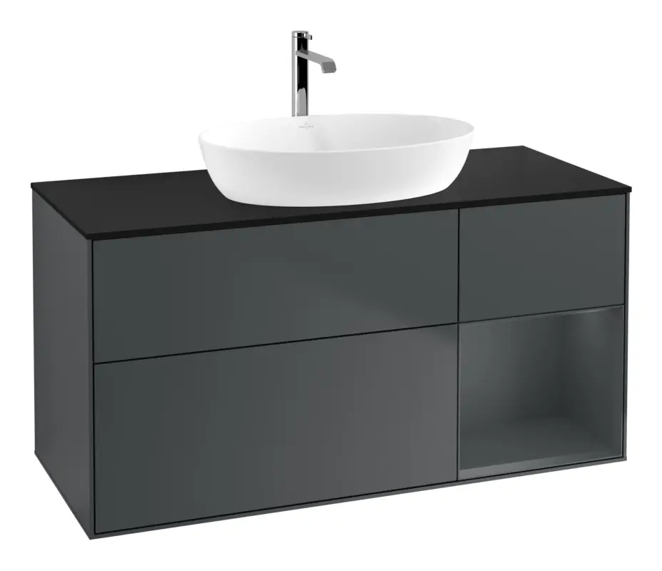 Abverkauf Villeroy & Boch Finion Waschbeckenunterschrank für Becken mittig Regal rechts für Artis / Collaro 3 Auszüge mit Beleuchtung (1x LED) ohne Hahnloch 1200 x 603 x 501 mm - Midnight Blue Matt Lacquer / Glass Black Matt