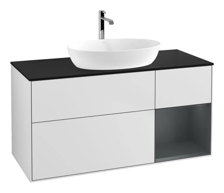 Villeroy & Boch Finion Waschbeckenunterschrank für Becken mittig Regal rechts für Artis / Collaro 3 Auszüge mit Beleuchtung (1x LED) ohne Hahnloch 1200 x 603 x 501 mm - White Matt Lacquer / Midnight Blue Matt Lacquer / Glass Black Matt Preiswert