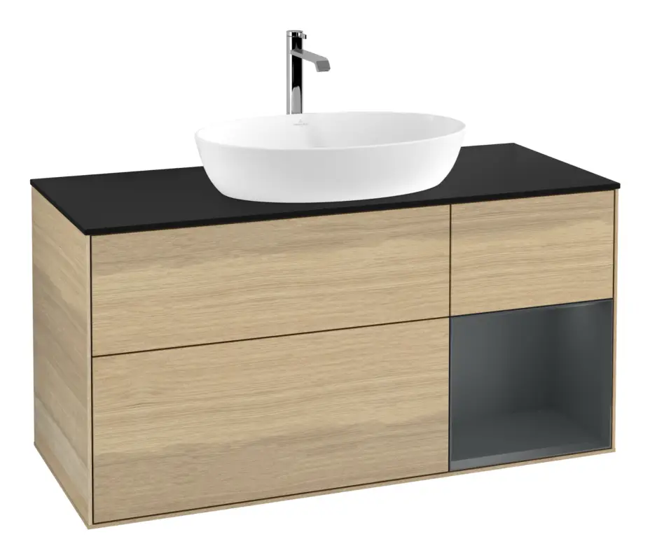 Rabatt Villeroy & Boch Finion Waschbeckenunterschrank für Becken mittig Regal rechts für Artis / Collaro 3 Auszüge mit Beleuchtung (1x LED) ohne Hahnloch 1200 x 603 x 501 mm - Oak Veneer / Midnight Blue Matt Lacquer / Glass Black Matt
