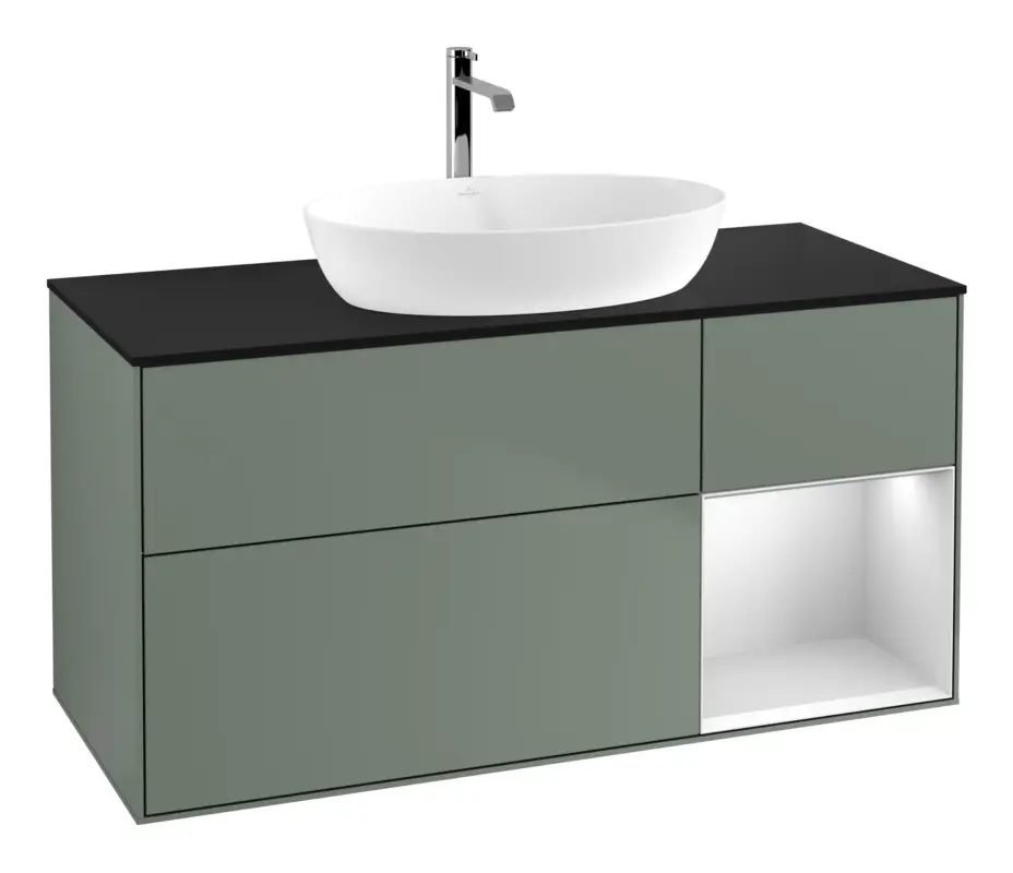 Sofort Bestellen Villeroy & Boch Finion Waschbeckenunterschrank für Becken mittig Regal rechts für Artis / Collaro 3 Auszüge mit Beleuchtung (1x LED) ohne Hahnloch 1200 x 603 x 501 mm - Olive Matt Lacquer / White Matt Lacquer / Glass Black Matt