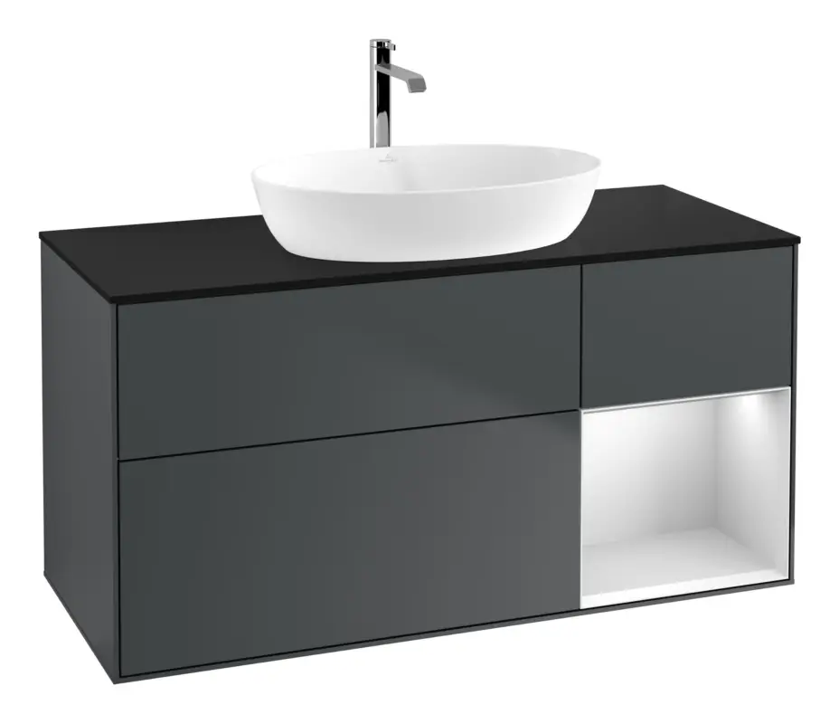 Villeroy & Boch Finion Waschbeckenunterschrank für Becken mittig Regal rechts für Artis / Collaro 3 Auszüge mit Beleuchtung (1x LED) ohne Hahnloch 1200 x 603 x 501 mm - Midnight Blue Matt Lacquer / White Matt Lacquer / Glass Black Matt Top-Angebot