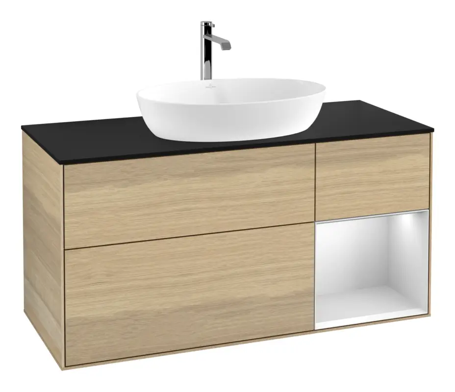 Heißes Angebot Villeroy & Boch Finion Waschbeckenunterschrank für Becken mittig Regal rechts für Artis / Collaro 3 Auszüge mit Beleuchtung (1x LED) ohne Hahnloch 1200 x 603 x 501 mm - Oak Veneer / White Matt Lacquer / Glass Black Matt