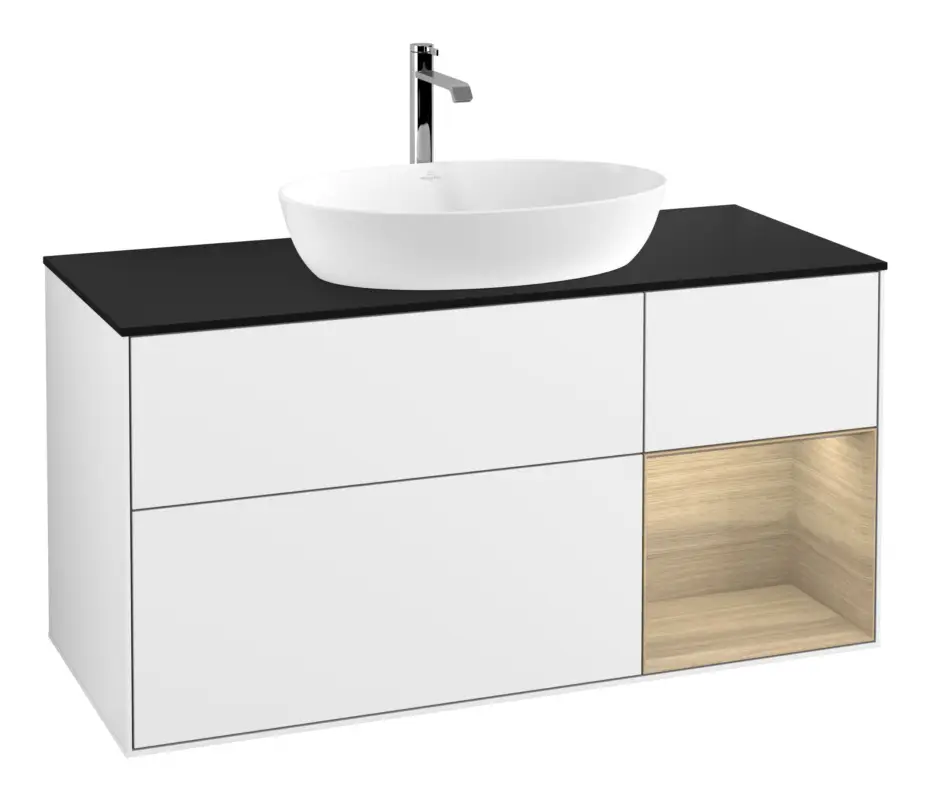 Villeroy & Boch Finion Waschbeckenunterschrank für Becken mittig Regal rechts für Artis / Collaro 3 Auszüge mit Beleuchtung (1x LED) ohne Hahnloch 1200 x 603 x 501 mm - Glossy White Lacquer / Oak Veneer / Glass Black Matt Super-Preis