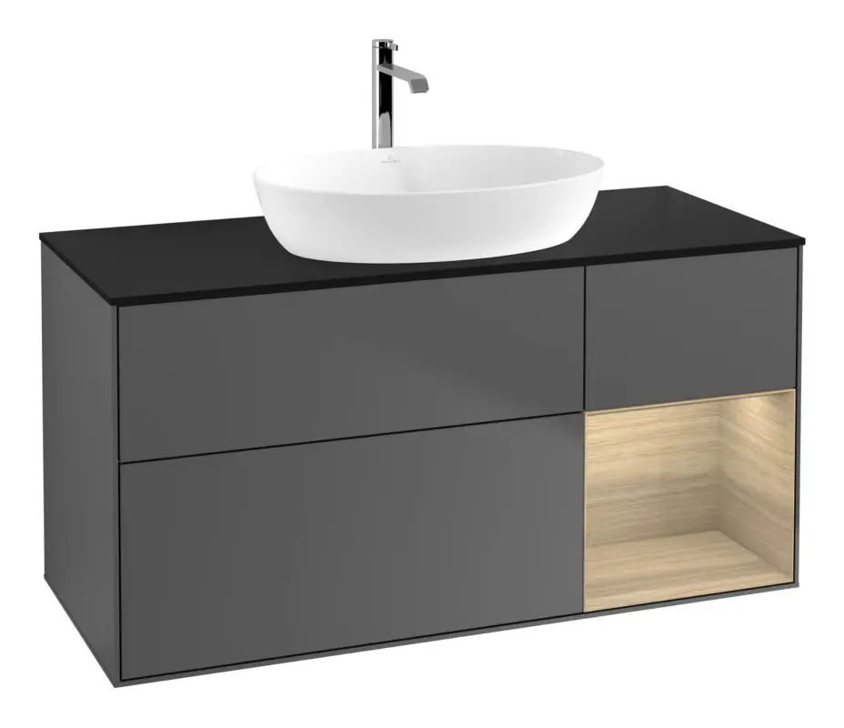 Villeroy & Boch Finion Waschbeckenunterschrank für Becken mittig Regal rechts für Artis / Collaro 3 Auszüge mit Beleuchtung (1x LED) ohne Hahnloch 1200 x 603 x 501 mm - Anthracite Matt Lacquer / Oak Veneer / Glass Black Matt Knallerangebot