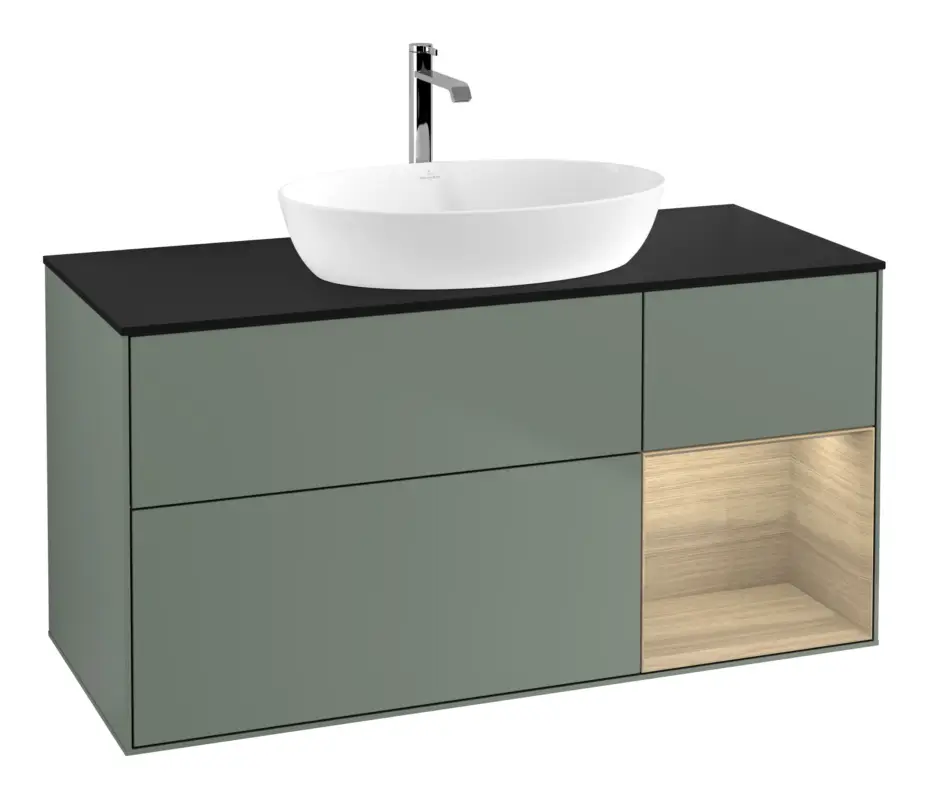 Preisknaller Villeroy & Boch Finion Waschbeckenunterschrank für Becken mittig Regal rechts für Artis / Collaro 3 Auszüge mit Beleuchtung (1x LED) ohne Hahnloch 1200 x 603 x 501 mm - Olive Matt Lacquer / Oak Veneer / Glass Black Matt