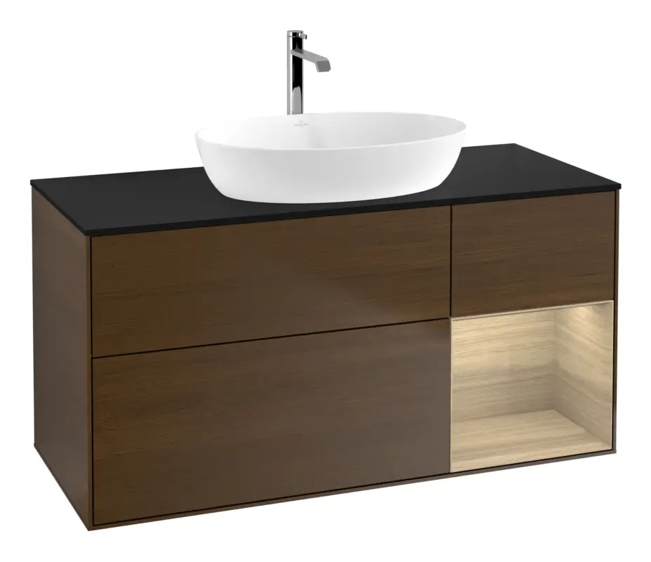 Neuheit Villeroy & Boch Finion Waschbeckenunterschrank für Becken mittig Regal rechts für Artis / Collaro 3 Auszüge mit Beleuchtung (1x LED) ohne Hahnloch 1200 x 603 x 501 mm - Walnut Veneer / Oak Veneer / Glass Black Matt