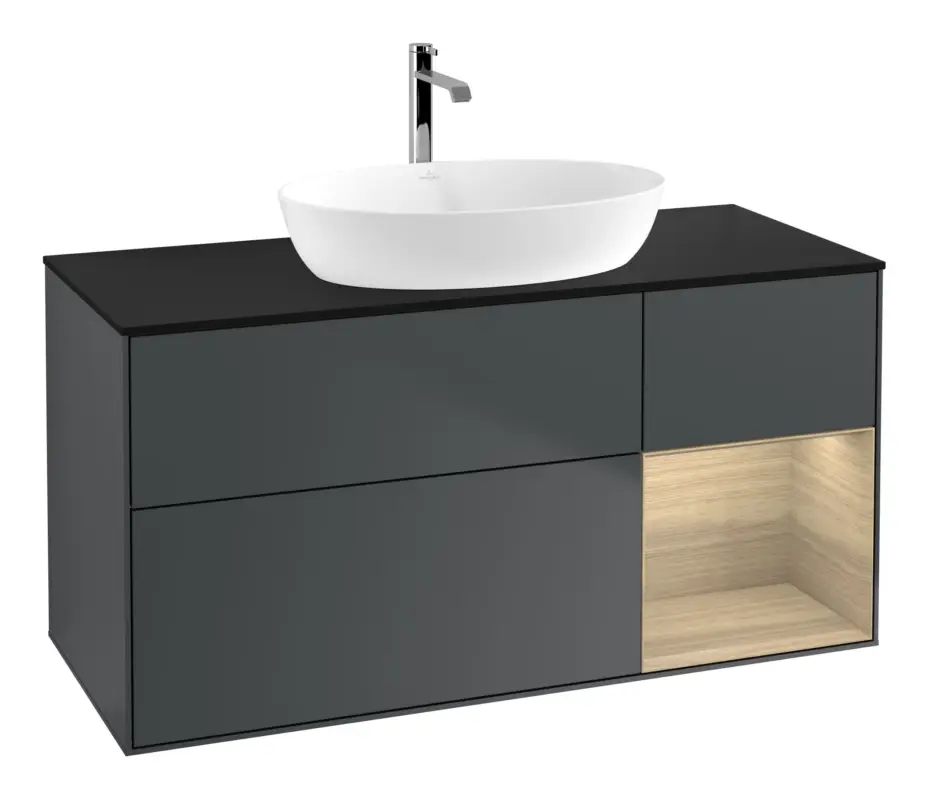 Preis Gesenkt Villeroy & Boch Finion Waschbeckenunterschrank für Becken mittig Regal rechts für Artis / Collaro 3 Auszüge mit Beleuchtung (1x LED) ohne Hahnloch 1200 x 603 x 501 mm - Midnight Blue Matt Lacquer / Oak Veneer / Glass Black Matt