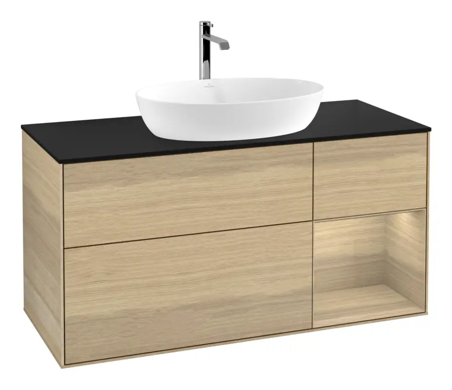 Highlight Villeroy & Boch Finion Waschbeckenunterschrank für Becken mittig Regal rechts für Artis / Collaro 3 Auszüge mit Beleuchtung (1x LED) ohne Hahnloch 1200 x 603 x 501 mm - Oak Veneer / Glass Black Matt