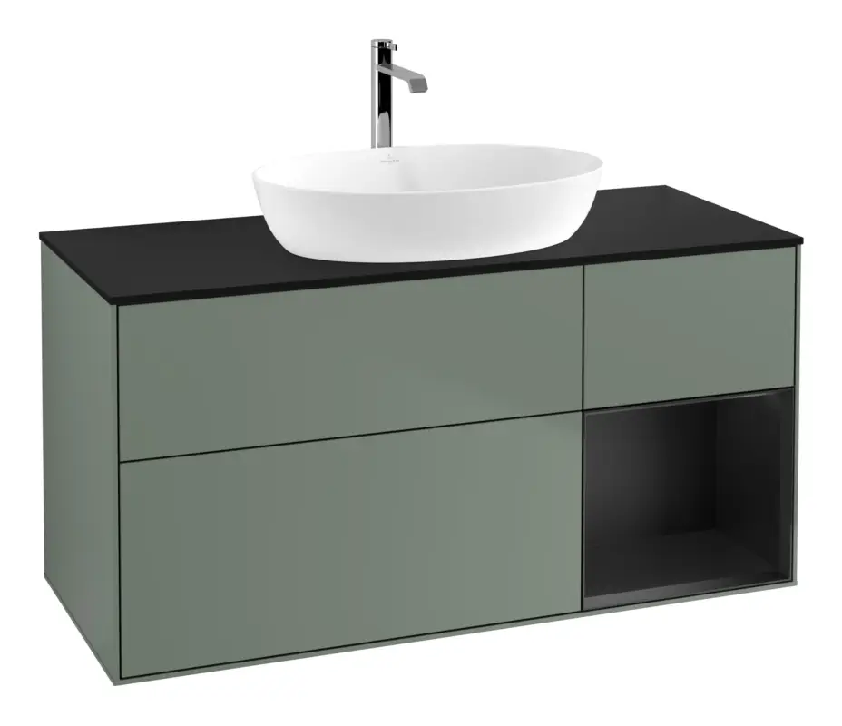 Markenware Villeroy & Boch Finion Waschbeckenunterschrank für Becken mittig Regal rechts für Artis / Collaro 3 Auszüge mit Beleuchtung (1x LED) ohne Hahnloch 1200 x 603 x 501 mm - Olive Matt Lacquer / Black Matt Lacquer / Glass Black Matt