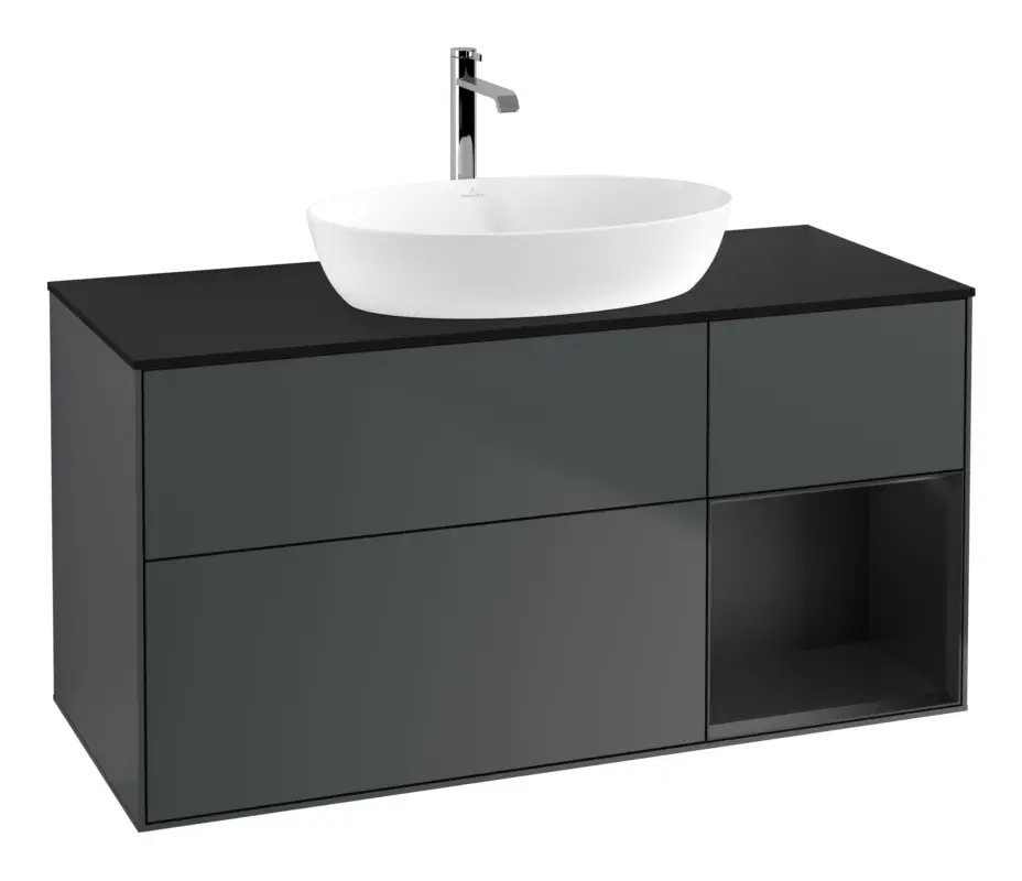 Direktkauf Villeroy & Boch Finion Waschbeckenunterschrank für Becken mittig Regal rechts für Artis / Collaro 3 Auszüge mit Beleuchtung (1x LED) ohne Hahnloch 1200 x 603 x 501 mm - Midnight Blue Matt Lacquer / Black Matt Lacquer / Glass Black Matt