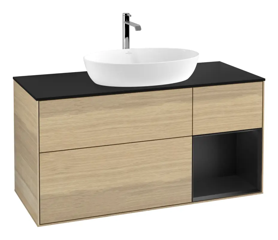 Villeroy & Boch Finion Waschbeckenunterschrank für Becken mittig Regal rechts für Artis / Collaro 3 Auszüge mit Beleuchtung (1x LED) ohne Hahnloch 1200 x 603 x 501 mm - Oak Veneer / Black Matt Lacquer / Glass Black Matt Neu Im Sortiment