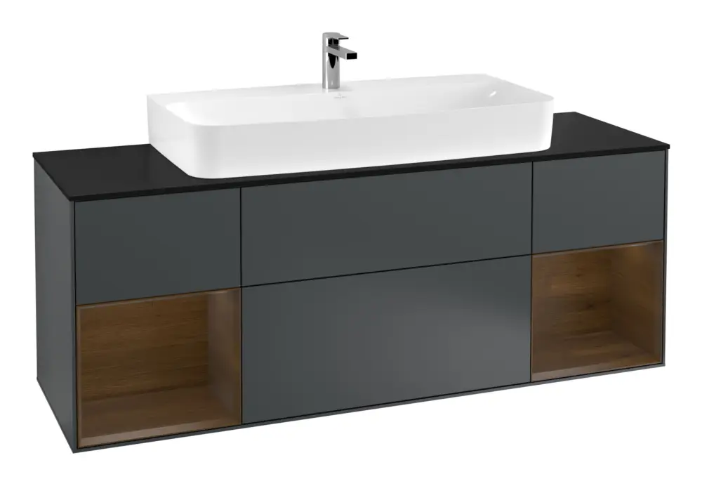 Villeroy & Boch Finion Waschbeckenunterschrank für Becken mittig Regal links/rechts für Finion / Memento 2.0 4 Auszüge mit Beleuchtung (4x LED) 1600 x 603 x 501 mm - Midnight Blue Matt Lacquer / Walnut Veneer / Glass Black Matt Versand Am Gleichen Tag