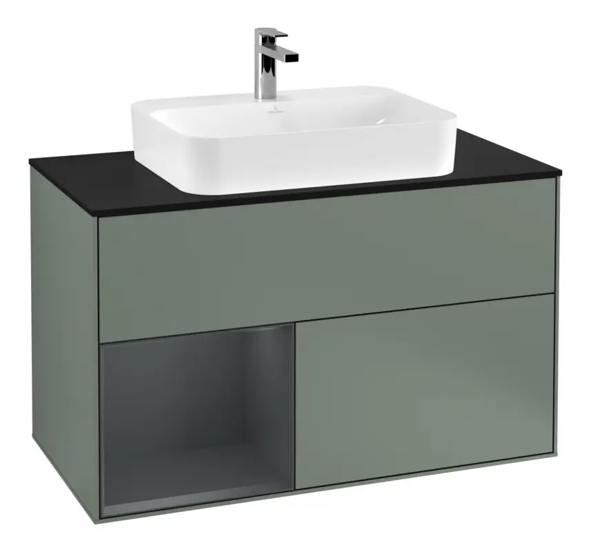 Geprüft Villeroy & Boch Finion Waschbeckenunterschrank für Aufsatzwaschbecken mittig Regal links für Finion / Memento 2.0 2 Auszüge mit Beleuchtung (3x LED) 1000 x 603 x 501 mm - Olive Matt Lacquer / Midnight Blue Matt Lacquer / Glass Black Matt