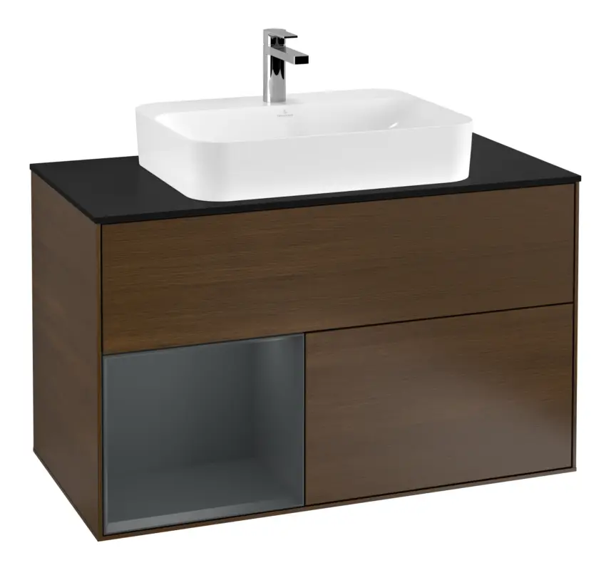 Billig Villeroy & Boch Finion Waschbeckenunterschrank für Aufsatzwaschbecken mittig Regal links für Finion / Memento 2.0 2 Auszüge mit Beleuchtung (3x LED) 1000 x 603 x 501 mm - Walnut Veneer / Midnight Blue Matt Lacquer / Glass Black Matt