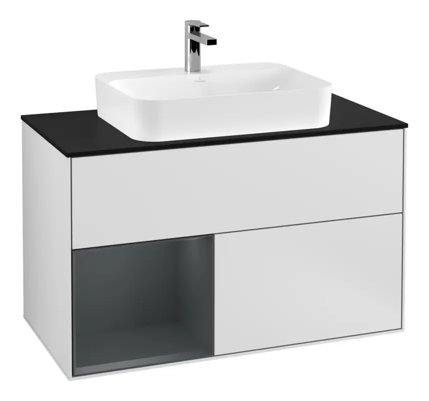 Zertifiziert Villeroy & Boch Finion Waschbeckenunterschrank für Aufsatzwaschbecken mittig Regal links für Finion / Memento 2.0 2 Auszüge mit Beleuchtung (3x LED) 1000 x 603 x 501 mm - White Matt Lacquer / Midnight Blue Matt Lacquer / Glass Black Matt