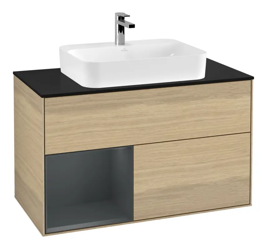 Direktkauf Villeroy & Boch Finion Waschbeckenunterschrank für Aufsatzwaschbecken mittig Regal links für Finion / Memento 2.0 2 Auszüge mit Beleuchtung (3x LED) 1000 x 603 x 501 mm - Oak Veneer / Midnight Blue Matt Lacquer / Glass Black Matt